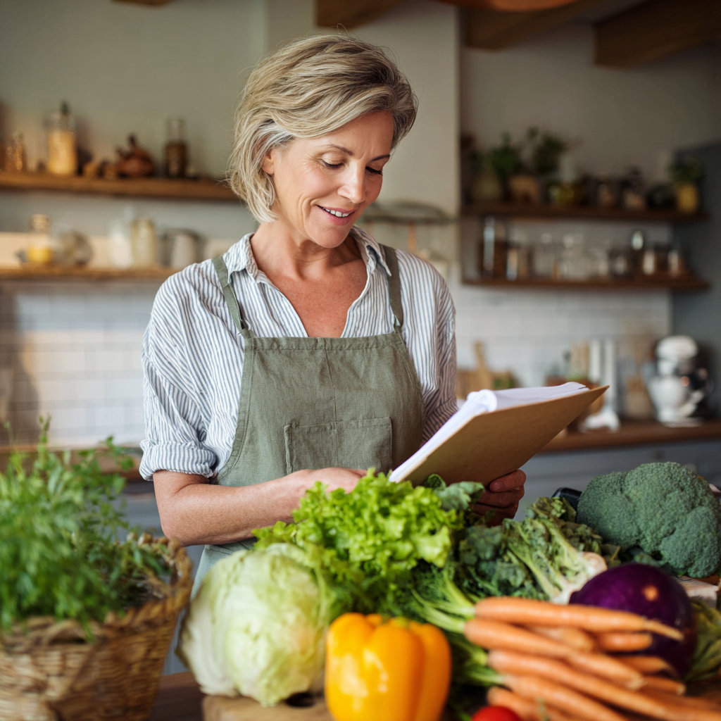 Middle-aged woman reviewing weekly meal plan with fresh vegetables on kitchen counter