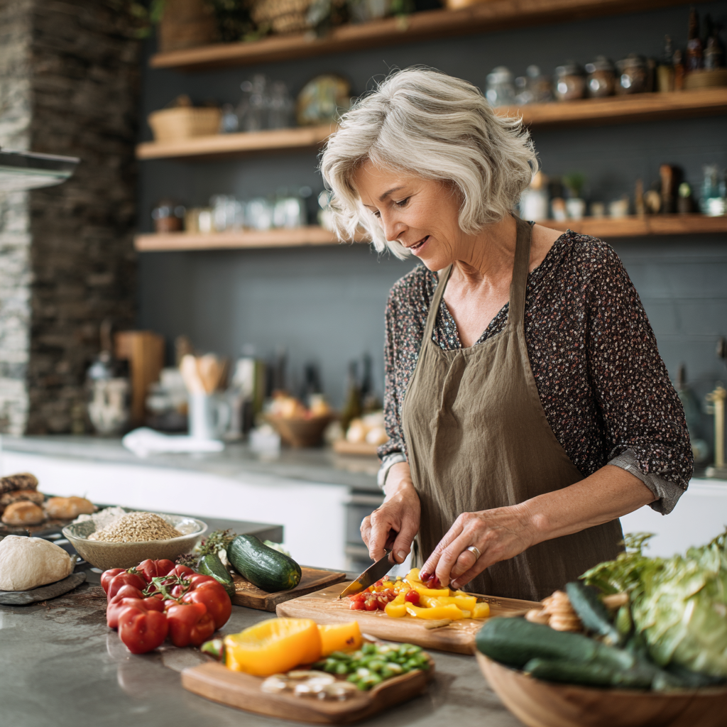 Older adult preparing balanced healthy meal with colorful vegetables and whole grains in modern kitchen